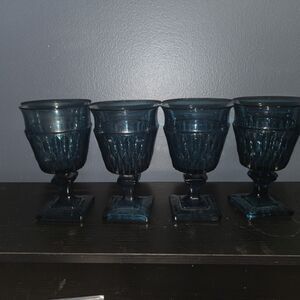 Vtg Indiana Glass Mt. Vernon Blue Footed Goblet Glasses SET OF 4.  5 7/8 in